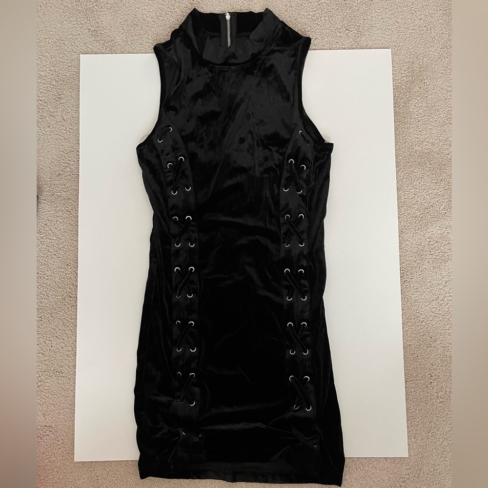 Shinestar black velvet lace-up mini dress, size small